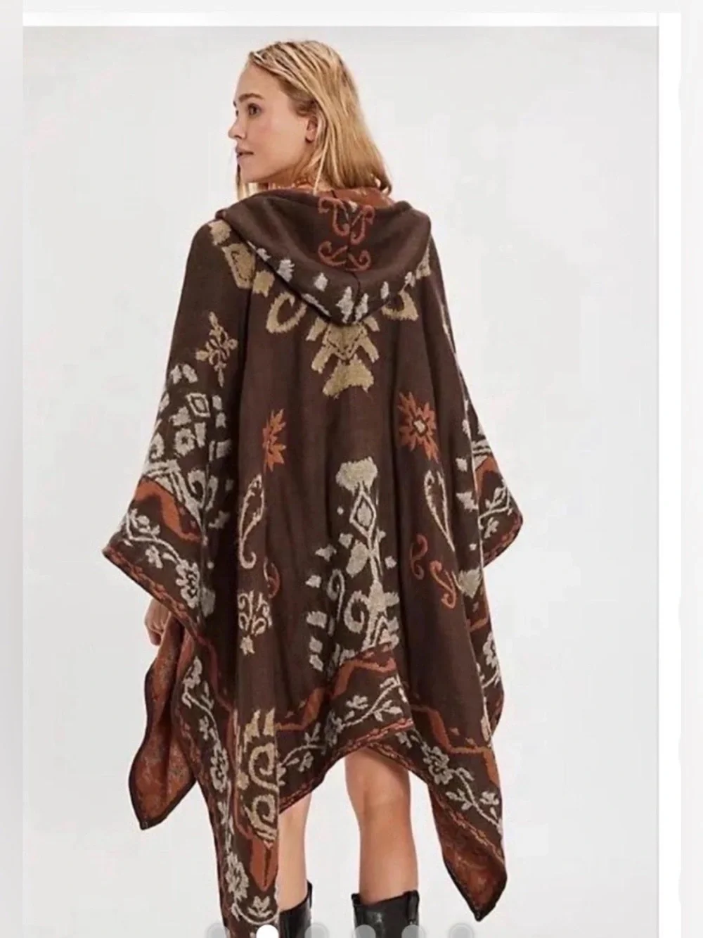 Free People Brown & Tan Hooded Poncho Sweater